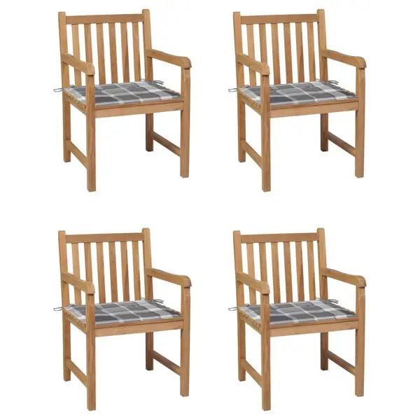 vidaXL Trädgårdsstolar grårutiga dynor 4 st massiv teak Rabatt