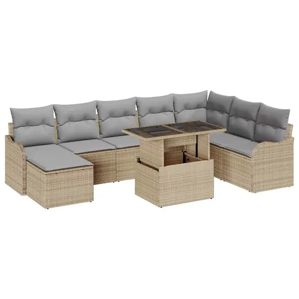 Sänkt pris vidaXL Trädgårdsoffset med kudde 9 pcs Beige Poly rattan