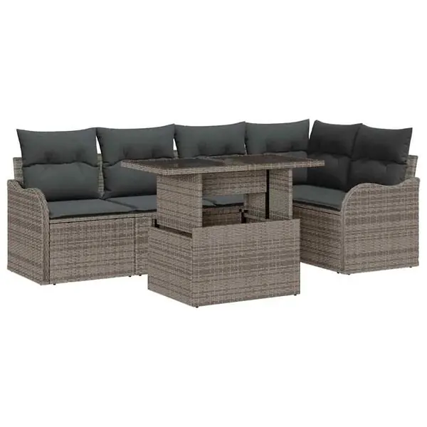 vidaXL Matgrupp med kudde 6 pcs Grå Poly rattan Erbjudandepris