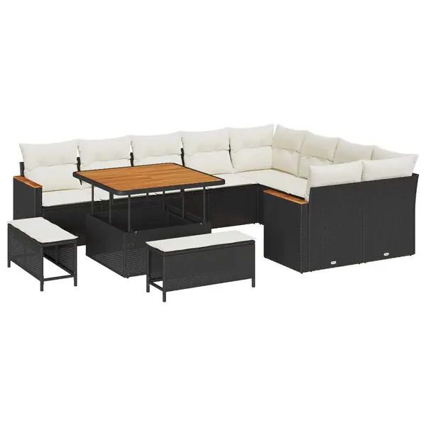 I lager vidaXL Trädgårdsoffset med kudde med lagring 12 pcs Svart Poly Rattan