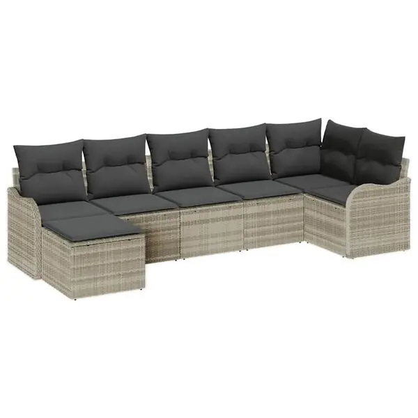 vidaXL Trädgårdsoffset med kudde 7 pcs Ljusgrå Poly rattan Rabatt