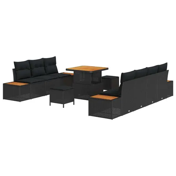 vidaXL Trädgårdsoffset med kudde med lagring 10 pcs Svart Poly rattan Snabb leverans