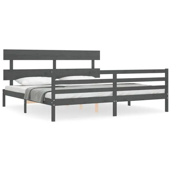 vidaXL Sängram med huvudgavel grå 200x200 cm massivt trä Rea