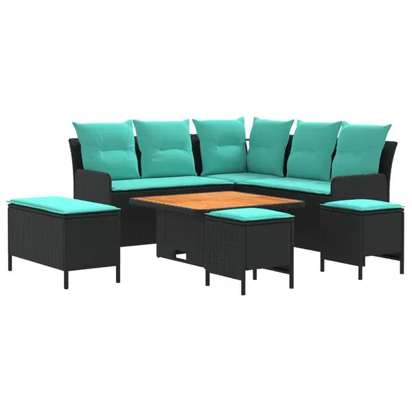 Utförsäljning vidaXL Möbelset med kudde 7 pcs Svart och turkos PE Rattan