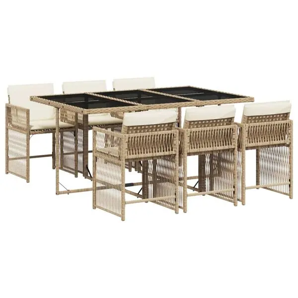 risnedsättning vidaXL Matgrupp för trädgården med dynor 7 delar beige konstrotting