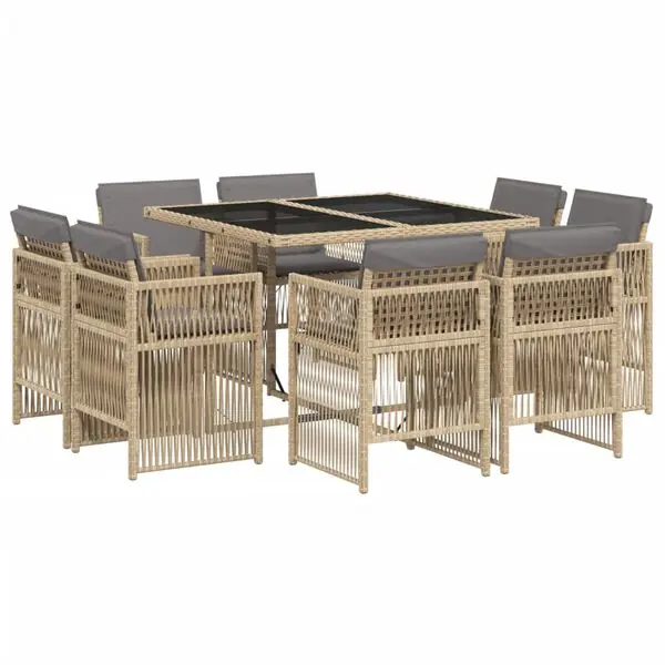 Rea vidaXL Matgrupp för trädgården med dynor 9 delar mixbeige konstrotting