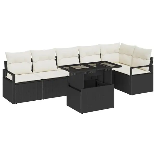 Rabatt vidaXL Trädgårdsoffset med kudde 7 pcs Svart Poly rattan