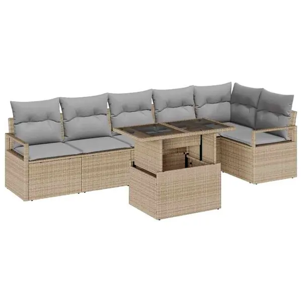 vidaXL Trädgårdsoffset med kudde 7 pcs Beige Poly rattan Endast idag