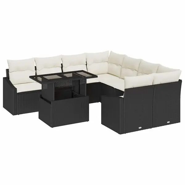 vidaXL Trädgårdsoffset med kudde med lagring 9 pcs Svart konstrotting Begränsad tid