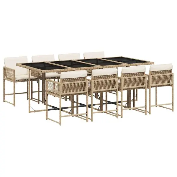 risnedsättning vidaXL Matgrupp för trädgården med dynor 9 delar beige konstrotting