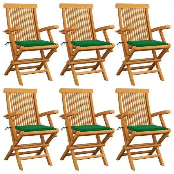 Billig vidaXL Trädgårdsstolar med gröna dynor 6 st massiv teak