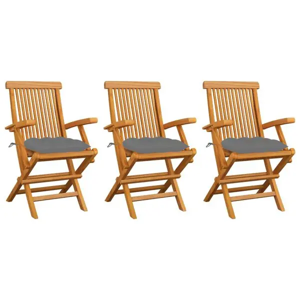 I lager vidaXL Trädgårdsstolar med gråa dynor 3 st massiv teak